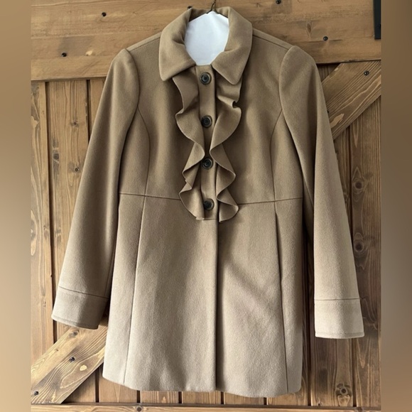 J Crew 100% Wool Womens Coat Size 6 Ruffle front Brown Tan Pea Coat Button - Picture 3 of 15
